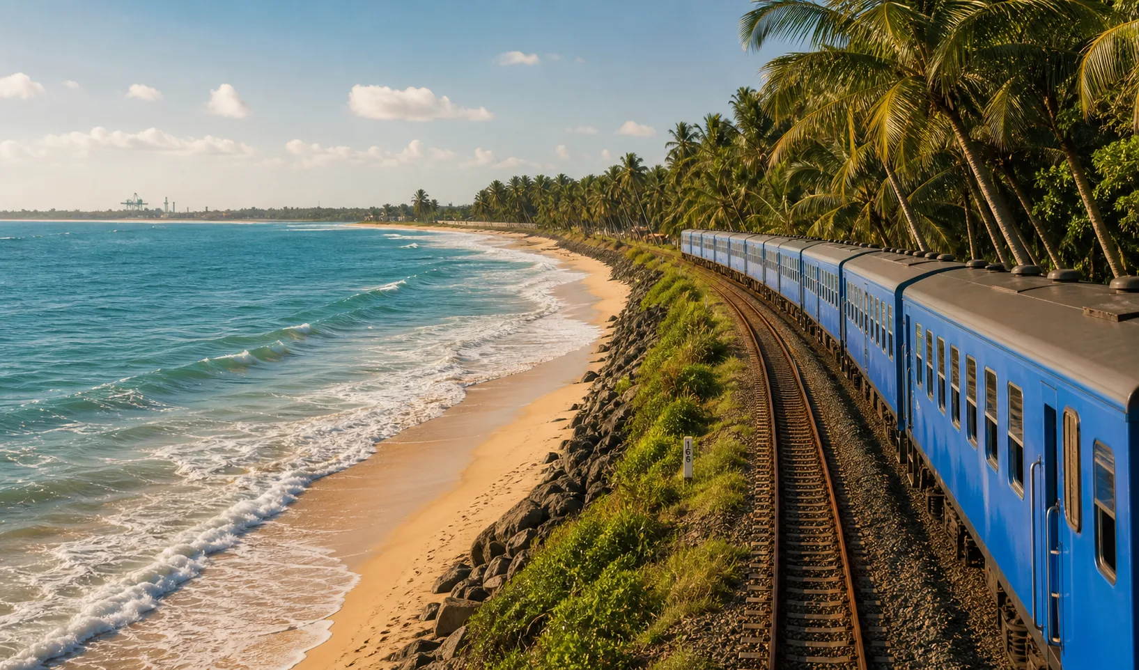 Blue train beside the coast in Sri Lanka