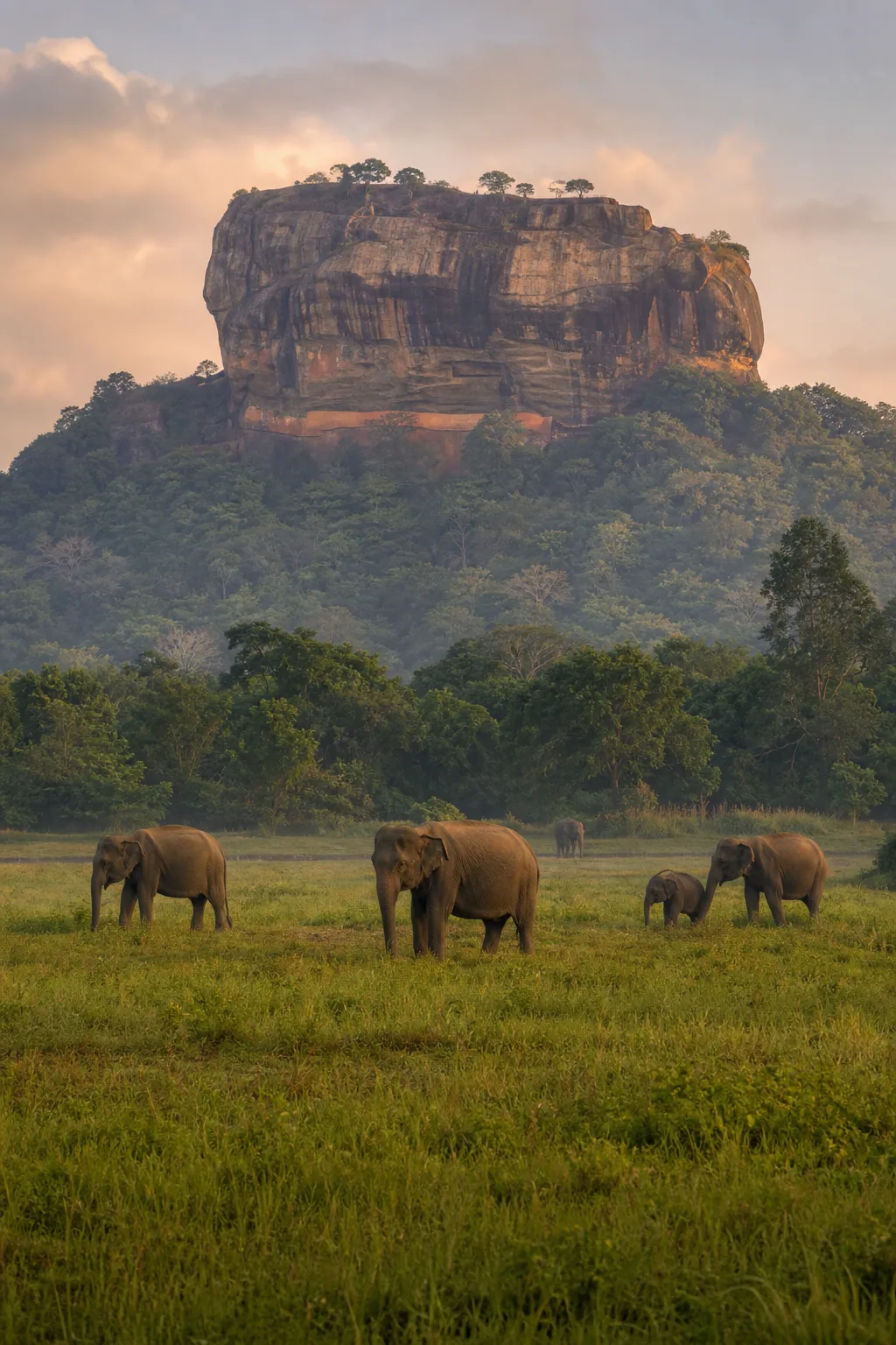 Sigiriya Rock and elephants in Sri Lanka